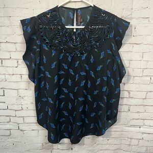 Ranna Gill Anthropologie Bird Print Blouse Short Sleeve Size Small Black Blue